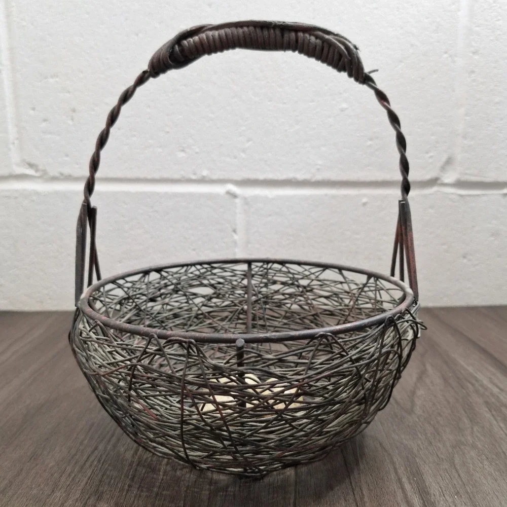 Vintage Rustic Woven Metal Wire Bird Nest Basket with 3 Speckled Eggs Farm Decor